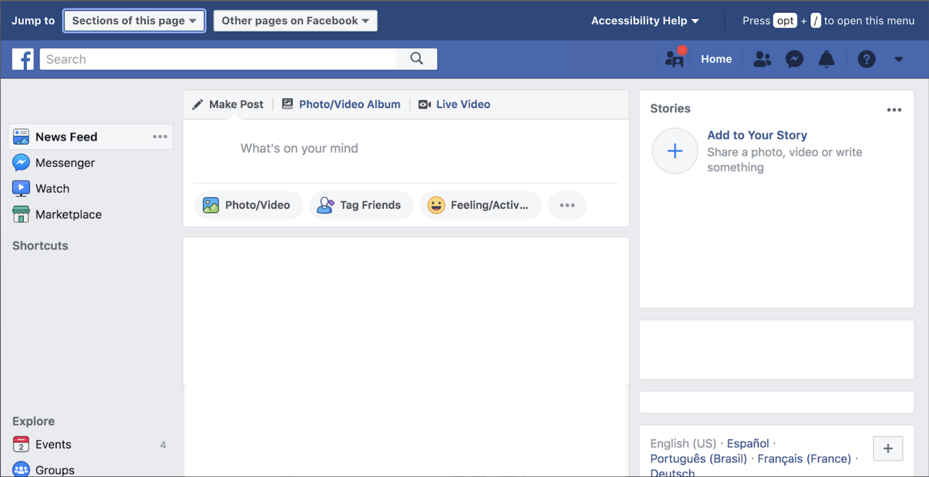 screenshot of Facebook skip to main content options